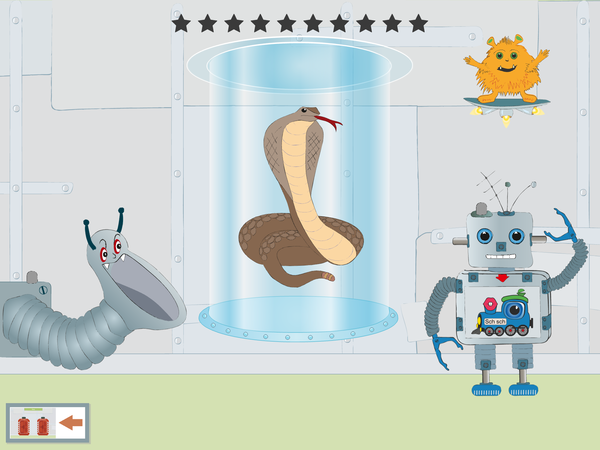 Screenshot: Schorschi Roboter und Müllschlucker Schlucki mit einer Schlange in der Sprachforscher-App von LIFEtool