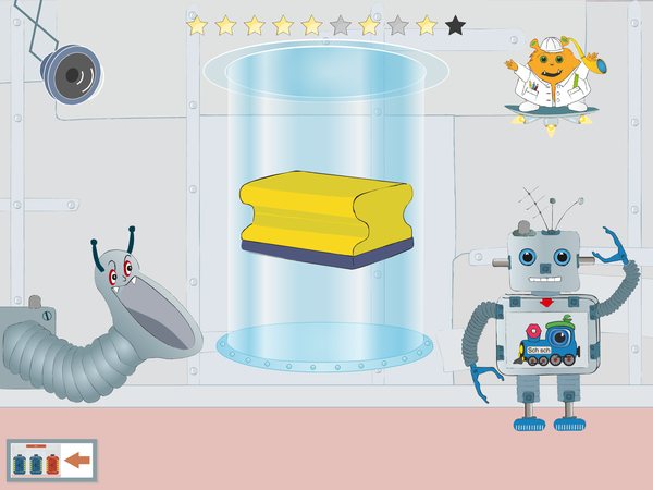 Screenshot: Der Roboter Schorschi und ein Müllschlucker namens Schlucki schlucken den Begriff Schwamm in der Sprachforscher-App von LIFEtool