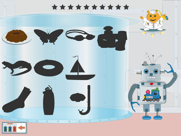 Screenshot: Ein Roboter und zehn Schattenbilder wie u.a.Schmetterling, Schiff, Socken in der Sprachforscher-App von LIFEtool