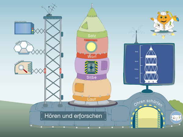 Screenshot: Ein butnes Raumschiff im Raumschiffhafen in der Sprachforscher-App von LIFEtool